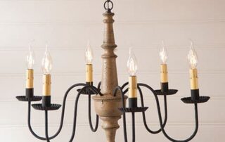 Harrison Wooden Chandelier in Americana Pearwood with six candelabra sockets, black textured arms, handcrafted in Pennsylvania.
