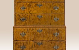 Massachusetts Chest on Chest with dovetailed drawers, ogee feet, and carved shell, available in tiger maple, cherry wood, or historical finishes, American made.