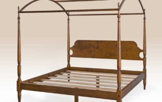 Delaware Four Poster Arched Canopy Bed with turned posts and arched canopy, available in cherry wood, tiger maple, or primitive painted finish, American made.