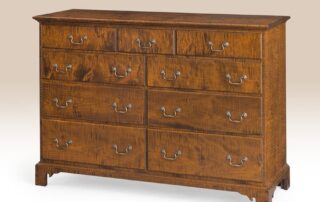 Greenwich Dresser with nine dovetailed drawers and bracket feet, available in tiger maple, cherry wood, or painted finishes, American made.