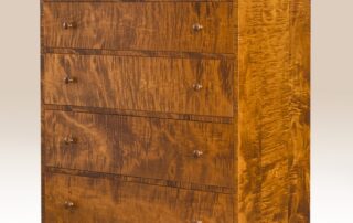 Tiger Maple Wood Shaker Chest of Drawers with dovetailed drawers and scalloped skirt, available in cherry wood or painted finish, American made.