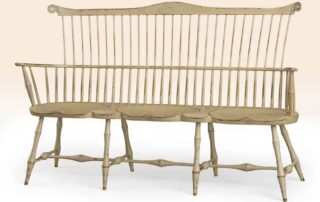 Historical Delaware Windsor Bench with fan back, shaped seat, and bamboo style turnings in historical sand finish.