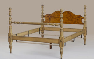 Kentucky Bell and Cannonball Bed featuring bell and cannonball turned posts and shaped headboard, offered in cherry wood, tiger maple, or primitive painted finish.