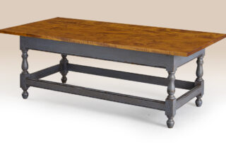 Historical Malvern Stretcher Base Coffee Table with tiger maple top and Williamsburg blue base.