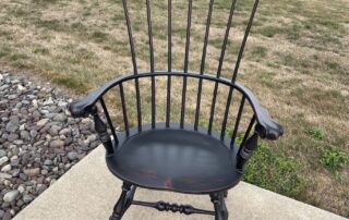 Historical Lancaster Fan Back Windsor Armchair in antique black over red crackle finish, American-made accent or dining chair.