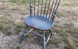 Historical Lancaster Fan Back Windsor Side Chair with salt box blue over natural finish, ideal for dining or kitchen use, American made.