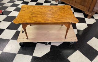 Queen Anne Coffee Table in tiger maple with porringer ends and Queen Anne legs, ideal for period decor, American made.