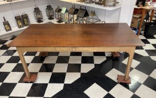 7ft Jefferson Porringer Table with cherry wood top, oatmeal painted base, featuring porringer ends and Marlborough style legs.