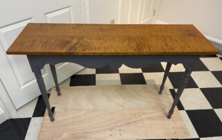 Historical New Hope Hall Table with tiger maple wood top and Colonial Williamsburg blue over natural painted base, perfect for country decor, American made.