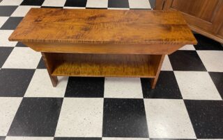 Historical Radford Bench in tiger maple wood, suitable for period or antique settings, commonly used in hallways, foyers, or with a table, American made.