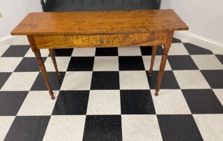 Tiger Maple Wood Historical Summerville Hall Table with turned legs and dovetailed drawer, perfect for country or cottage decor, American made.