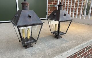 Pair of Perry County Post Lights with dark brass finish, crafted in Lancaster County, PA, suitable for country or colonial style, American made.