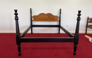 Queen Size Historical Cherry Hill Thistle Bed with tiger maple headboard and thistle motifs, in Antique Black over Red Crackle finish.