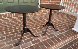 Pair of Queen Anne Round Top Tables with Rustic Black over Rustic Red Painted Finish, American-made accent for country or contemporary decor.