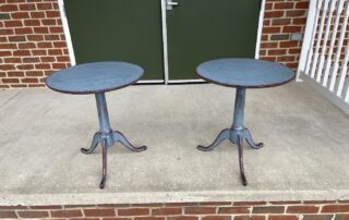 Pair of Queen Anne Round Top Tables in Rustic Country Blue over Rustic Red finish, ideal for country farmhouse or contemporary home.