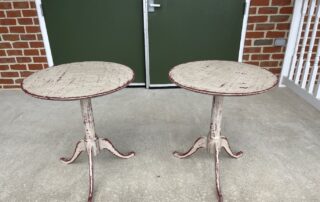 Pair of Queen Anne Round Top Tables in rustic white over red finish, American-made, ideal for farmhouse or contemporary decor.