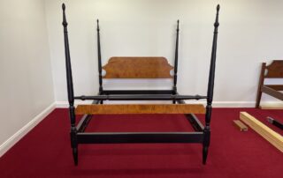 Queen Size Historical Somerset Poster Bed in Tiger Maple with Antique Black over Red Crackle Finish