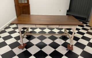 6ft X 36in New Model Stretcher Base Table with cherry wood top and Historical linen finish base, perfect for dining room or kitchen.