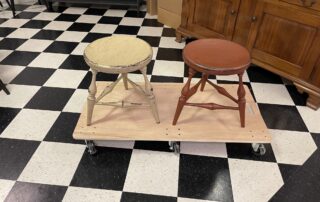 Pair of Historical Farm Table Stools in sand and barn finishes, American-made, perfect for country and period settings.