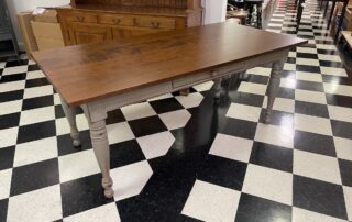 6 ft Cherry Wood Farm Table with Turned Legs and Historical Plymouth Blue over Red Painted Base