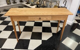 Shaker Style Sofa Table in cherry wood with natural finish and walnut drawer pull, perfect for hallways, foyers, or behind a sofa, American made.