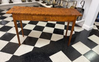 Shaker Style Sofa Table in Tiger Maple Wood with walnut drawer pull, dovetailed drawer, and simple design. Ideal for hallways or foyers.