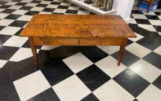 Shaker Style Coffee Table made from Tiger Maple Wood with a Walnut Drawer Pull, featuring a simple design and dovetailed drawer.