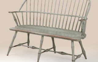 Historical Sack Back Windsor Settee with bamboo style turnings in historical plymouth blue over natural finish.