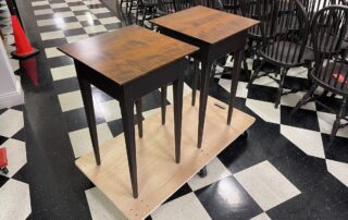 Pair of Tiger Maple Top Stands with antique black over red tapered leg base, American-made farmhouse accent.