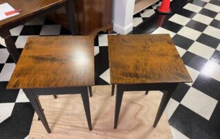 Pair of Tiger Maple Top Stands with Antique Black over Red Tapered Leg Base for Country and Contemporary Homes