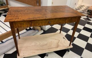 Tiger Maple Wood Desk with dovetailed drawer, handcrafted in Pennsylvania, American-made versatile desk or small kitchen table.