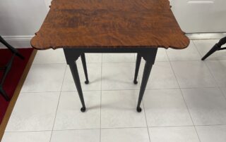 Porringer Tea Table with tiger maple wood top and antique black over red base, perfect for family or living rooms, American made.