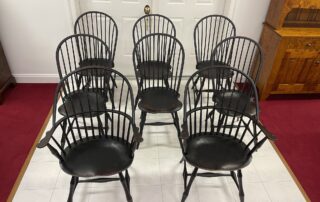 Set of 8 Windsor Chairs in Antique Black over Red Crackle Finish with Bamboo Style Turnings