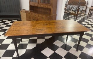 7 ft Queen Anne Farm Table with Tiger Maple Top and Antique Black over Red Base