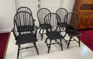 Set of 6 Windsor Dining Chairs in Antique Black over Red Painted Finish, crafted in Pennsylvania