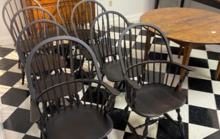 Set of 8 Farmhouse Style Jefferson Windsor Chairs in Antique Black over Red Painted Finish, Pennsylvania Made