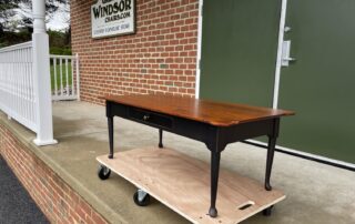 New Colonial Coffee Table with Tiger Maple Top and Antique Black over Red Crackle Base, Queen Anne Style Legs, and dovetailed drawer.