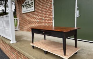 New Shaker Coffee Table with Tiger Maple Wood top and Antique Black over Red Crackle Painted Base, dovetailed drawer, and tapered legs