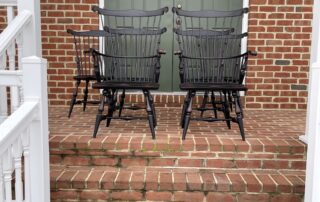 Set of 6 Fan Back Windsor Chairs with carved knuckles and ears in Antique Black over Red Crackle finish, American-made