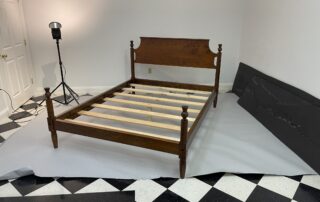 American Made Queen Size Bed with thistle motif on turned posts and simple headboard, crafted in cherry wood. Part of the Historical Series.