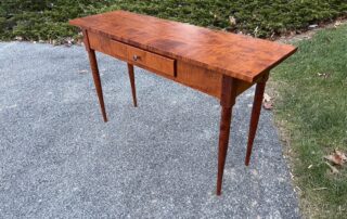 American Made Sofa Table with tiger maple wood, dovetailed drawer, and turned legs, part of Shaker Style – Designer Series.