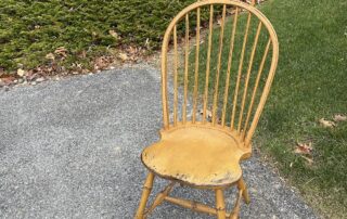 Bow Back Side Windsor Chair with Comb, Historical Mustard over Natural finish, carved ears, and shaped seat. American-made farmhouse style.