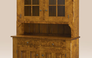 Country Style Hutch with raised panels, dovetailed drawers, and customizable finishes in tiger maple, cherry, or primitive paint, American made.
