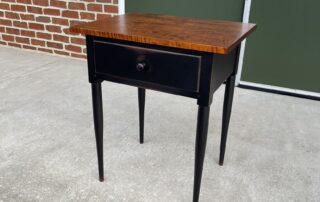 One Drawer Shaker Stand with tiger maple top, dovetailed drawer, and antique black over red crackle base, crafted in the USA.