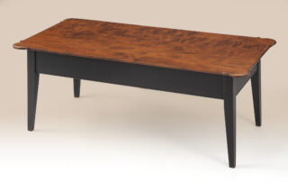 Rustic Shaker Coffee Table with tiger maple wood top and antique black over red crackle base.