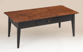 Rustic Shaker Coffee Table in tiger maple with porringer ends and dovetailed drawer.