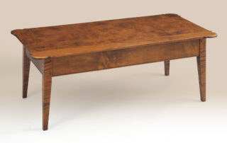 Tiger Maple Wood Coffee Table with classic porringer ends and tapered legs.