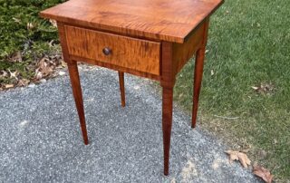 Tiger Maple One Drawer Shaker Stand with dovetailed drawer and turned legs, part of the Shaker Style Designer Series, made in the USA.