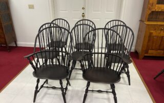 Set of 8 Windsor Chairs with Sack Back Armchairs and Bow Back Side Chairs in Antique Black over Red Finish