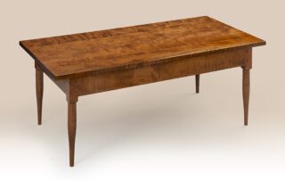 Shaker Coffee Table with turned legs and customizable finishes, including Tiger Maple and Cherry Wood, ideal for country or family living rooms.